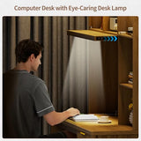 FREDEES LED Study Desk with Hutch, Home Office Desk with Charging Station & Storage Drawer, 70'H Writing Table with Glass Display Cabinet, 3 Color Light Computer Desks for Study, Wood FREDEES