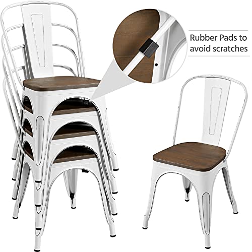 Yaheetech Set of 4 Metal Dining Chairs with Wood Seat Metal Side Chairs Kitchen Chairs with Back Bistro Café Trattoria Kitchen, Distressed White Yaheetech
