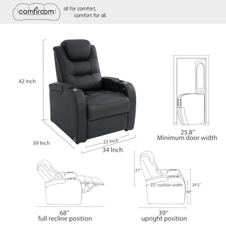 comfiroom Home Theater Seating Simple Style Top Grain Nappa Leather Recliners Chair Dual Power Movie Gaming Sofa Chair Electric Headrest with Tray Table Type-C USB Charger (Black, Row of 1) comfiroom