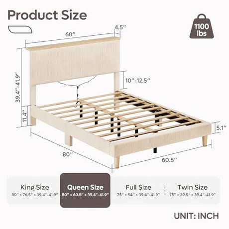 Bestier Queen Bed Frame with Adjustable Headboard & LED Lighting, Corduroy Upholstered Platform Bed Frame with Storage Shelf, Solid Wood Slats, No Box Spring Needed, Never Squeak, Easy Assembly, Beige Bestier