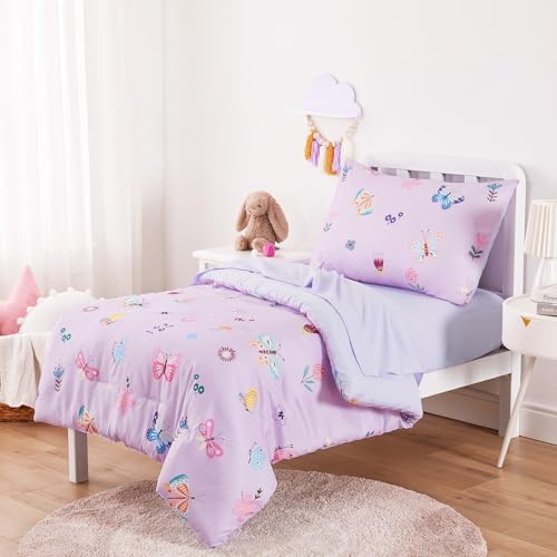 Wake In Cloud - Butterfly Toddler Bedding Set for Girls, Cute Colorful Butterfly with Floral Flowers, 4 Pieces Soft Crib Bed Set Including Comforter, Sheets and Pillowcase, Purple Wake In Cloud