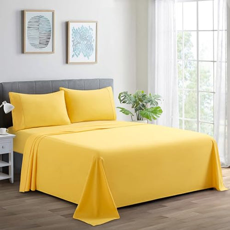 Marina Decoration 600 Thread Count Ultra Soft Deep Pocket Hotel Standard Solid Bedding Long Staple Percale Cotton All Season 3 Pieces Sheet Set with 1 Pillowcase, Yellow Color Twin/Single Size Marina Decoration
