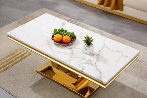 SSLine Modern White Marble Coffee Table with U-Shape Gold Stainless Steel Base Luxury Faux Marble Cocktail Center Table for Living Room Bedroom Home Office (1 Coffee Table) SSLine