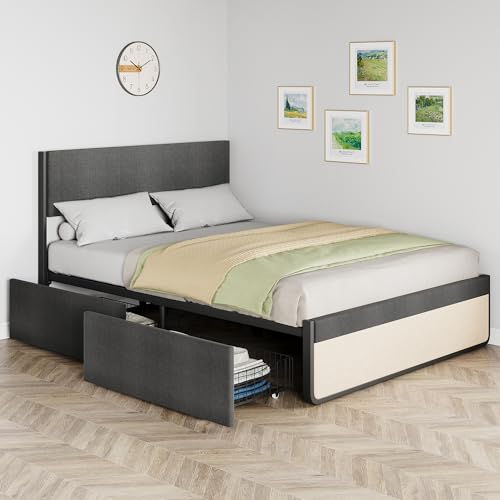 IDEALHOUSE Queen Bed Frame with Storage Drawers, Upholstered Platform Bed Frame with Metal Slats Support, Under Bed Storage Mattress Foundation, No Box Spring Needed, Noise Free, Easy Assembly IDEALHOUSE