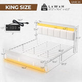Rolanstar Bed Frame King Size with Charging Station and LED Lights, Upholstered Headboard with Storage Shelves, Heavy Duty Metal Slats, No Box Spring Need, Noise Free, Easy Assembly, White Rolanstar