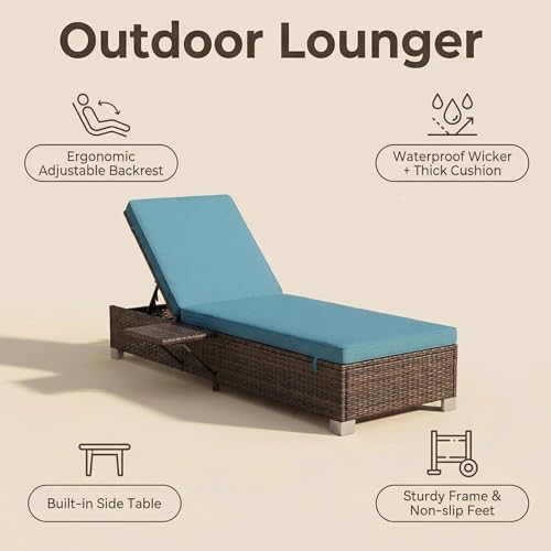 Outdoor Chaise Lounge Chairs Set of 2 with Fixed Side Shelf, All-Weather Wicker Pool Lounge Chair, 5-Position Adjustable Backrest, Removable Washable Light Blue Cushion for Patio, Poolside, Backyard