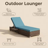 Outdoor Chaise Lounge Chairs Set of 2 with Fixed Side Shelf, All-Weather Wicker Pool Lounge Chair, 5-Position Adjustable Backrest, Removable Washable Light Blue Cushion for Patio, Poolside, Backyard