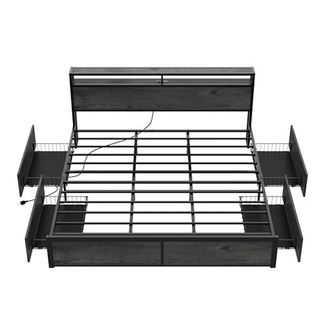 LIKIMIO King Size Bed Frame with 4 Storage Drawers, 2-Tier Storage Headboard with Charging Station, Double Bed Frame King Size for Bedroom, No Box Spring Needed, Easy Assembly, Charcoal Grey LIKIMIO