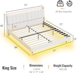 bzbbzc Floating King Size Bed Frame with RGB LED Lights & Charging Station, Upholstered Platform Bed with Hidden Storage Headboard & Shelves, Noise Free, Heavy Duty Frame, Beige bzbbzc