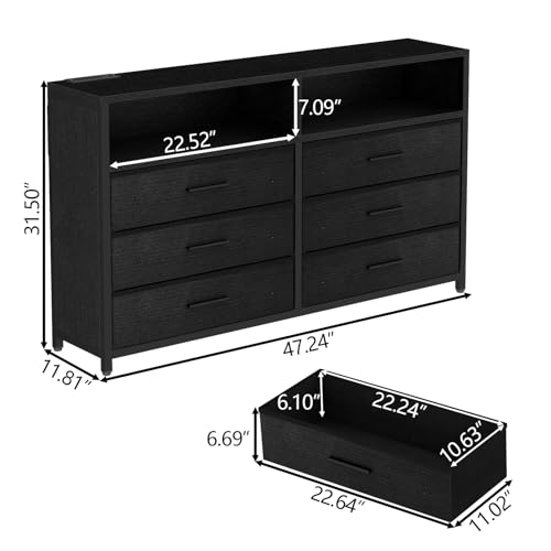 Loomie 6 Drawers Dresser with Power Outlets and LED Lights, Black Dresser with 2 Top Cubby, Tall Wide Fabric Double Chest of Drawers,Modern Dresser Tv Stand for up to 60" TV for Bedroom, Living Room Loomie