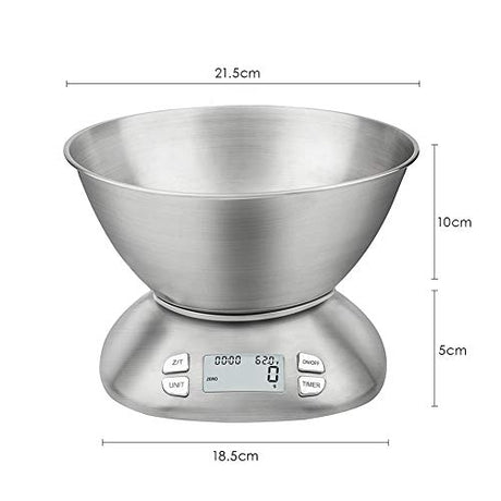 Digital Kitchen Scale with Removable Bowl 2.5L Volume, Electronic Stainless Steel Food Scale for Cooking Baking, Room Temperature, Alarm Timer, 12lb 5.5kg, Batteries Included FOLIND