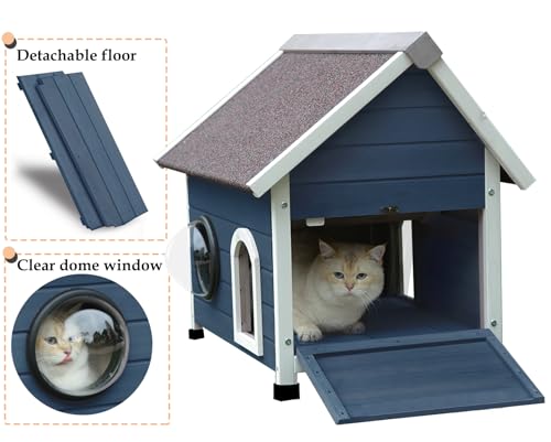 Rockever Outdoor Cat House, Cat House for Outdoor Cats Feral Cat House with Escape Door and Clear Windows for 2 Cats (Modern, Blue) - WoodArtSupply