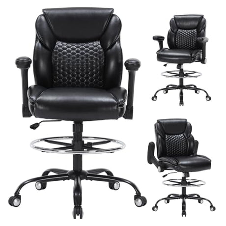 OLYFING Drafting Chair, Tall Office Chair with Adjustable Armrests PU Leather Standing Desk Chair with Adjustable Foot Ring,Comfy Mid-Back High Office Chair for Counter Height Desk, Black OLYFING