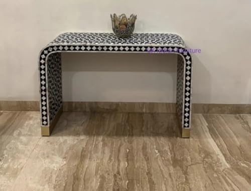 Black and White Geometric Pattern Mother of Pearl Inlay Console Table, Modern Entryway Accent Furniture with Gold Base Generic