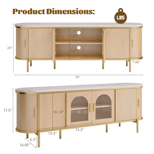 MXV 70" Fluted TV Stand for TVs up to 80", Mid Century Modern Entertainment Center with Sliding Doors & Glass Door, TV Console Table with Faux Marble Top for Living Room, Oak MXV