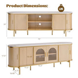 MXV 70" Fluted TV Stand for TVs up to 80", Mid Century Modern Entertainment Center with Sliding Doors & Glass Door, TV Console Table with Faux Marble Top for Living Room, Oak MXV