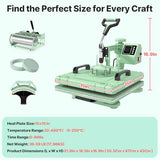 Slendor Heat Press 15x15 Inch 5 in 1 Heat Press Machine 360-Degree Swing Away Digital T Shirt Pressing Machine Multifunction Heat Transfer Sublimation Combo for T Shirts Mugs Hat Plate Cap,Green Slendor