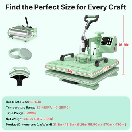 Slendor Heat Press 15x15 Inch 5 in 1 Heat Press Machine 360-Degree Swing Away Digital T Shirt Pressing Machine Multifunction Heat Transfer Sublimation Combo for T Shirts Mugs Hat Plate Cap,Green Slendor