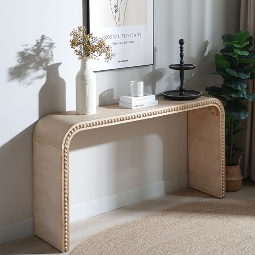 FGXJY 59" Natural Wood Console Table with Curved Waterfall-Style, Rustic Wooden Entryway Table with Wood Beads, Farmhouse Sofa Table Behind Couch for Living Room, Hallway, Entrance FGXJY