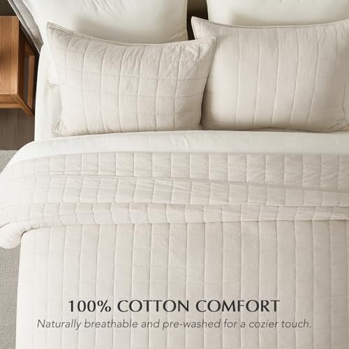 EVERGRACEHOME 100% Cotton Box Stitch Quilt Bedding Set Queen Size 3 Pieces, Garment-Washed Lightweight Soft Cozy Coverlet, Quilted Bedspread Sets with 2 Shams for All Season, Birch EVERGRACEHOME