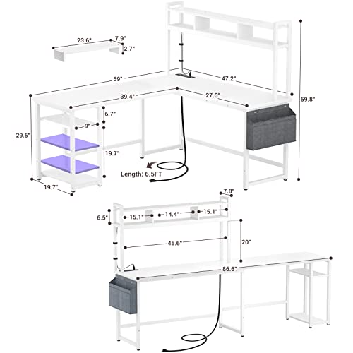 Aheaplus L Shaped Desk with Power Outlet & LED Strip, Reversible L-Shaped Corner Computer Desks Gaming Desk with Storage Shelf & Monitor Stand, Modern 2 Person Home Office Desk, Writing Desk, White