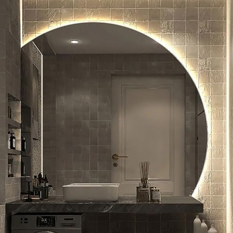FZYUAN Large Bathroom Mirror Half Moon Backlit Wall Mirror Frameless Vanity Mirror Anti-Fog & 3-Colors Light Makeup Mirror Lighted Mirror Semicircle Dressing Mirror for Bedroom,Left,50×50cm/20″×20″ FZYUAN