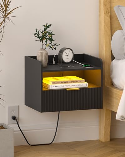 Veegle White Floating Nightstand with Charging Station and LED Lights (Black) Veegle