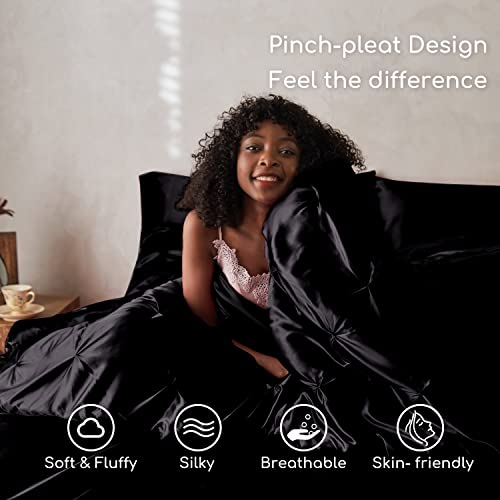 MR&HM Satin Comforter King 7 Pieces - Luxurious Pinch Pleat Bedding Set with Comforter, Flat Sheet, Fitted Sheet, Pillowcases & Shams, Super Silky Soft Bed Set for All Season (King, Black) MR&HM