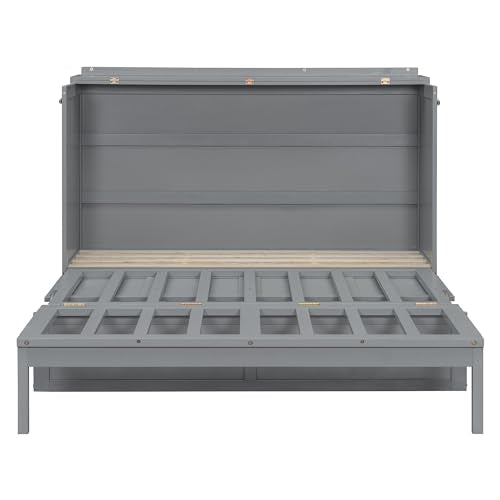 LZ LEISURE ZONE Queen Size Murphy Bed, Wood Cabinet Bed with Legs, Gray LZ LEISURE ZONE