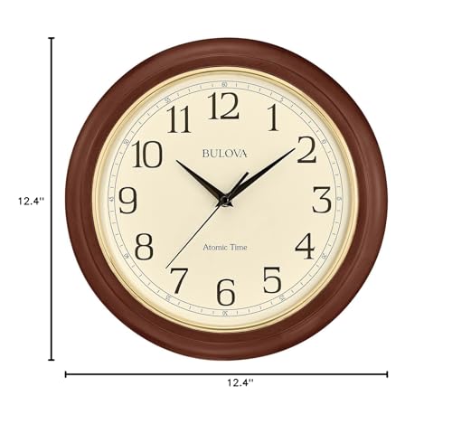 Bulova Atomic Time 2 Analog Wall Clock C5004 | 12.4" Wooden Frame, Sets Time Automatically | Quartz Movement | Battery Operated | Classic Design Bulova