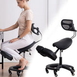 TUJOBA Modern Ergonomic Saddle Seat Kneeling Chair with Backrest, 360 Degrees Swivel Mobile Angled Posture Stool for Office, Black Leather TUJOBA