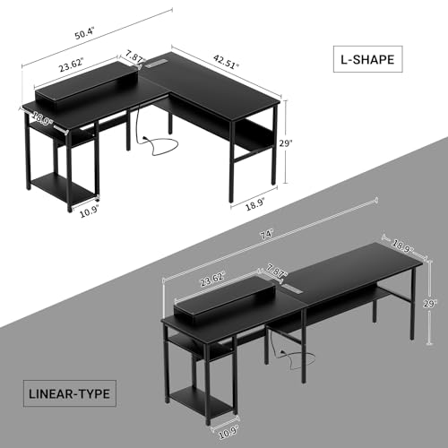 Unikito Reversible L Shaped Desk with Magic Power Outlets and Smart LED Light, Sturdy Corner Computer Desk with Monitor Stand & Storage Shelves, Gaming Table Home Office Desk, Easy Assembly, Black