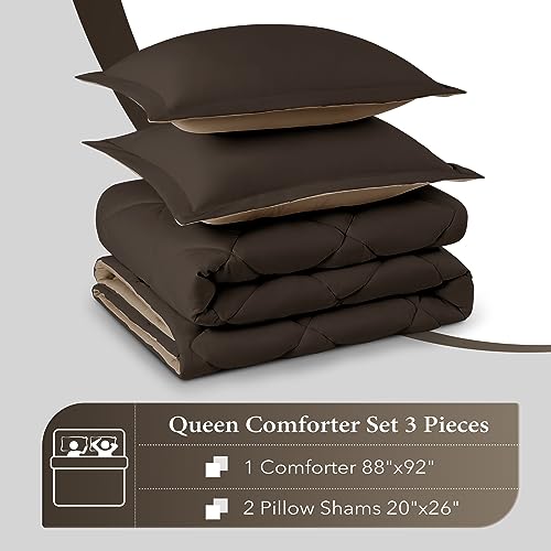 downluxe Queen Comforter Set - Brown and Tan Queen Comforter, Soft Bedding Sets for All Seasons -3 Pieces - 1 Comforter (88"x92") and 2 Pillow Shams(20"x26") downluxe
