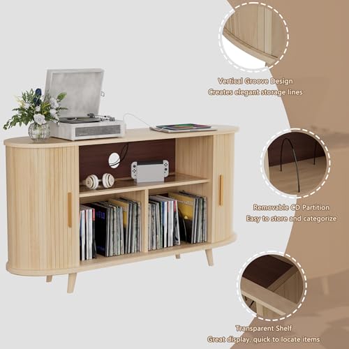 Hretanant Record Player Stand,55" Record Storage Cabinet with Charging Station&USB Ports,Mid Century Turntable Stand with Vinyl Storage&LED Lights,Holds up to 300+ Albums,for Living Room Bedroom,Oak Hretanant