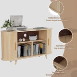 Hretanant Record Player Stand,55" Record Storage Cabinet with Charging Station&USB Ports,Mid Century Turntable Stand with Vinyl Storage&LED Lights,Holds up to 300+ Albums,for Living Room Bedroom,Oak Hretanant