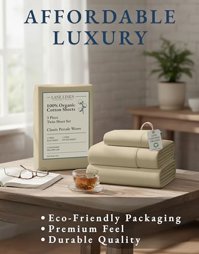 LANE LINEN 100% Organic Cotton Twin Size Bed Sheets, Fully Elasticized Mercerised Cotton Bed Sheet Set, Soft & Comfy Low Pill Face Resistant Bedding Sheets & Pillowcase Set- Linen LANE LINEN