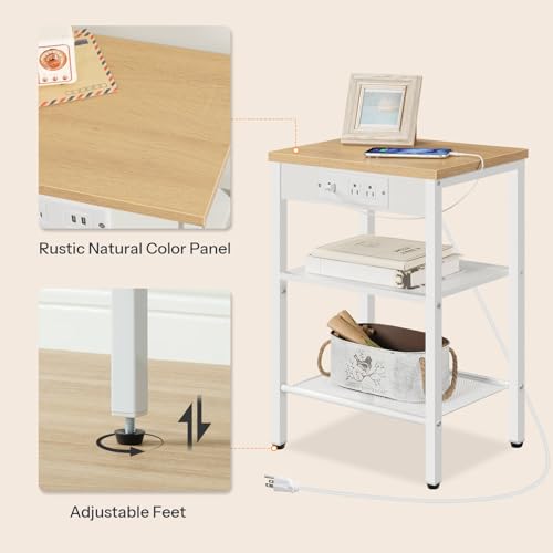 HOOBRO End Table with Charging Station and USB Ports, 3-Tier Nightstand with Adjustable Shelves, Small Side Table for Small Space in Living Room, Bedroom and Balcony, Natural and White WN112B - WoodArtSupply