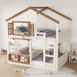 Harper & Bright Designs Full Over Full House Bunk Bed with Window and Roof, Solid Wood Low Bunk Beds with Bookshelf, Ladder and Guardrail, Space Saving for Boys and Girls, Beige & Natural Harper & Bright Designs