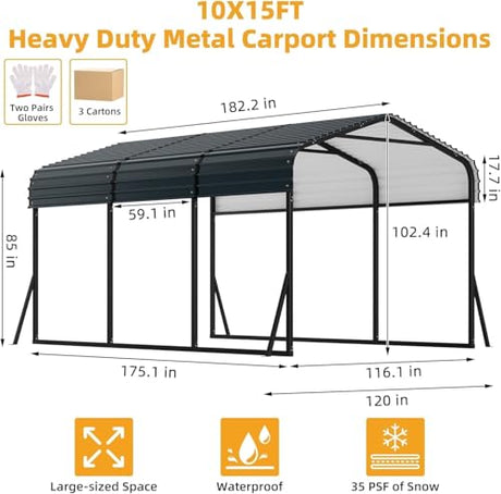 KOKEBREN 10x15 FT Metal Carport, Outdoor Car Port Canopy with Reinforced Base and Galvanized Steel Roof, Heavy Duty Garage Car Shelter Shade for SUV, Truck, Boats KOKEBREN