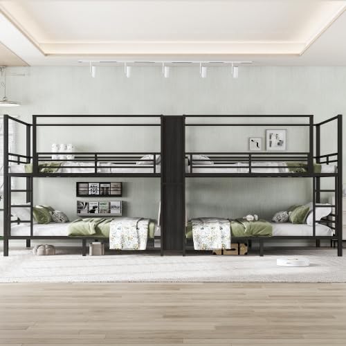 Queen Size Quadruple Metal Bunk Bed with Wardrobe & Storage Shelves, Quadruple Metal Bunk Bed Frame with Noise-Reduced Design (Black/Queen) MERITLINE