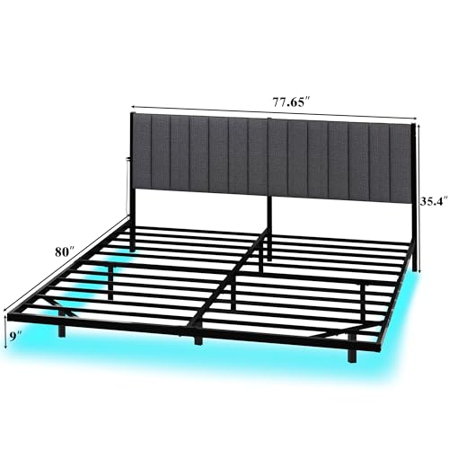 ARFARLY King Size Bed Frame with LED Lights and Charging Station, Floating Bed Frame with Upholstered Headboard, Metal Platform Bed Frame King with Under Bed Storage, No Box Spring Needed/Grey ARFARLY
