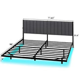 ARFARLY King Size Bed Frame with LED Lights and Charging Station, Floating Bed Frame with Upholstered Headboard, Metal Platform Bed Frame King with Under Bed Storage, No Box Spring Needed/Grey ARFARLY
