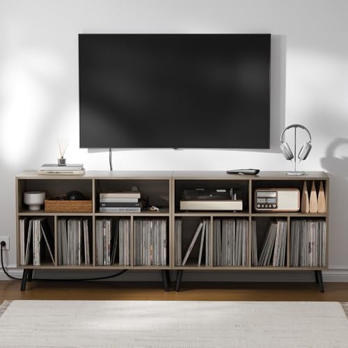 Cozy Castle Record Player Stand with Vinyl Storage Cabinet, Wood Turntable Table Open Shelf Holder Up to 350 Albums Cube Storage Organizer for Living Room, Office, Gray Cozy Castle