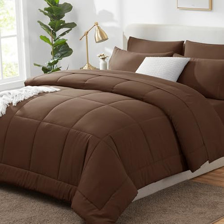 CozyLux Queen Comforter Set Brown, 7 Pieces Bed in a Bag, Brown Comforters Queen Size, All Season Bedding Sets with Stitch Quilted Comforter, Flat Sheet, Fitted Sheet, Pillowcases CozyLux