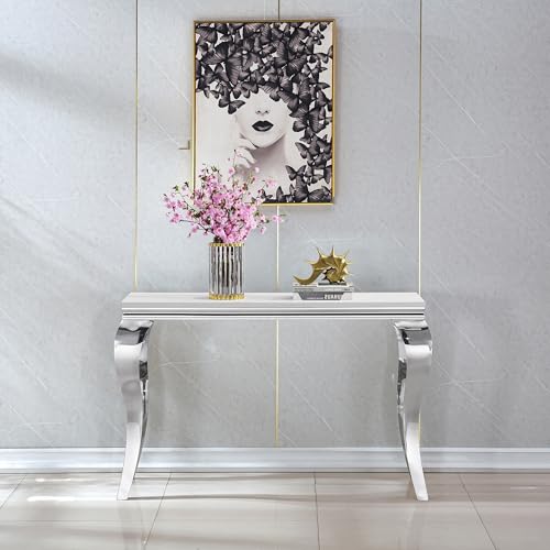 Modern Rectangular Silver Faux Marble Console Table, 0.71" Thick Faux Marble Top, 4 Stainless Steel Legs with Silver Mirrored Finish for Living Room (Silver6) ShopBOPP
