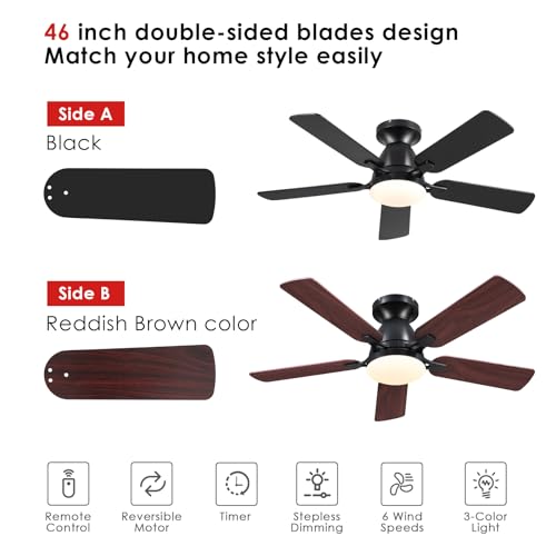 Ceiling Fans with Lights- 46" Low Profile Indoor Ceiling Fan with Light and Remote/APP Control, Flush Mount, LED Dimmable DC Reversible Modern Ceiling Fan for Bedroom（Black） Mpayel