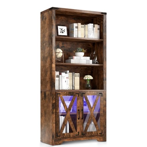 YITAHOME Bookcase with Doors&LED Light, Industrial Bookshelf with Storage Cabinet, Wooden Farmhouse Bookshelves for Living Room/Bedroom/Dining