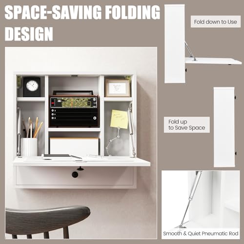 IFANNY Folding Wall Desk, Wood Wall Mounted Desk with Storage Drawer and Shelves, Fold Down Wall Mount Laptop Desk, Corner Floating Desk for Small Spaces (White) IFANNY