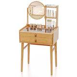 CHARMAID Small Vanity Desk with Mirror, Glass Top Bamboo Makeup Vanity Table with Storage Drawers & Shelves, Tabletop Groove, Rotatable Mirror, Compact Dressing Table for Bedroom Small Spaces, 23.5"W CHARMAID