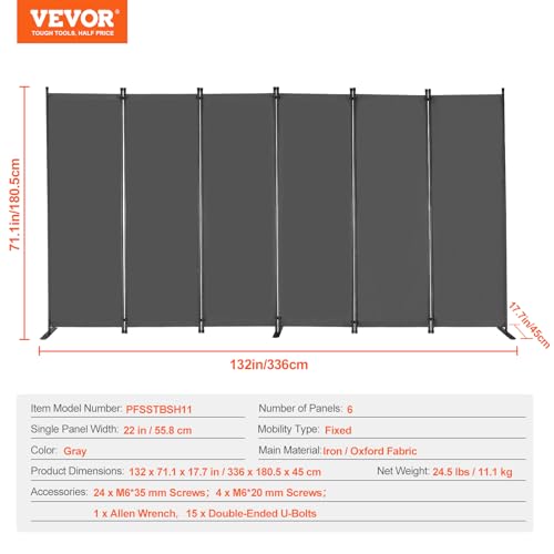 VEVOR Room Divider, 6 Panel Room Divider, Folding Privacy Screen and Portable Partition Divider for Room Separation, Freestanding Room Partitions for Office, Bedroom, Study, Grey VEVOR